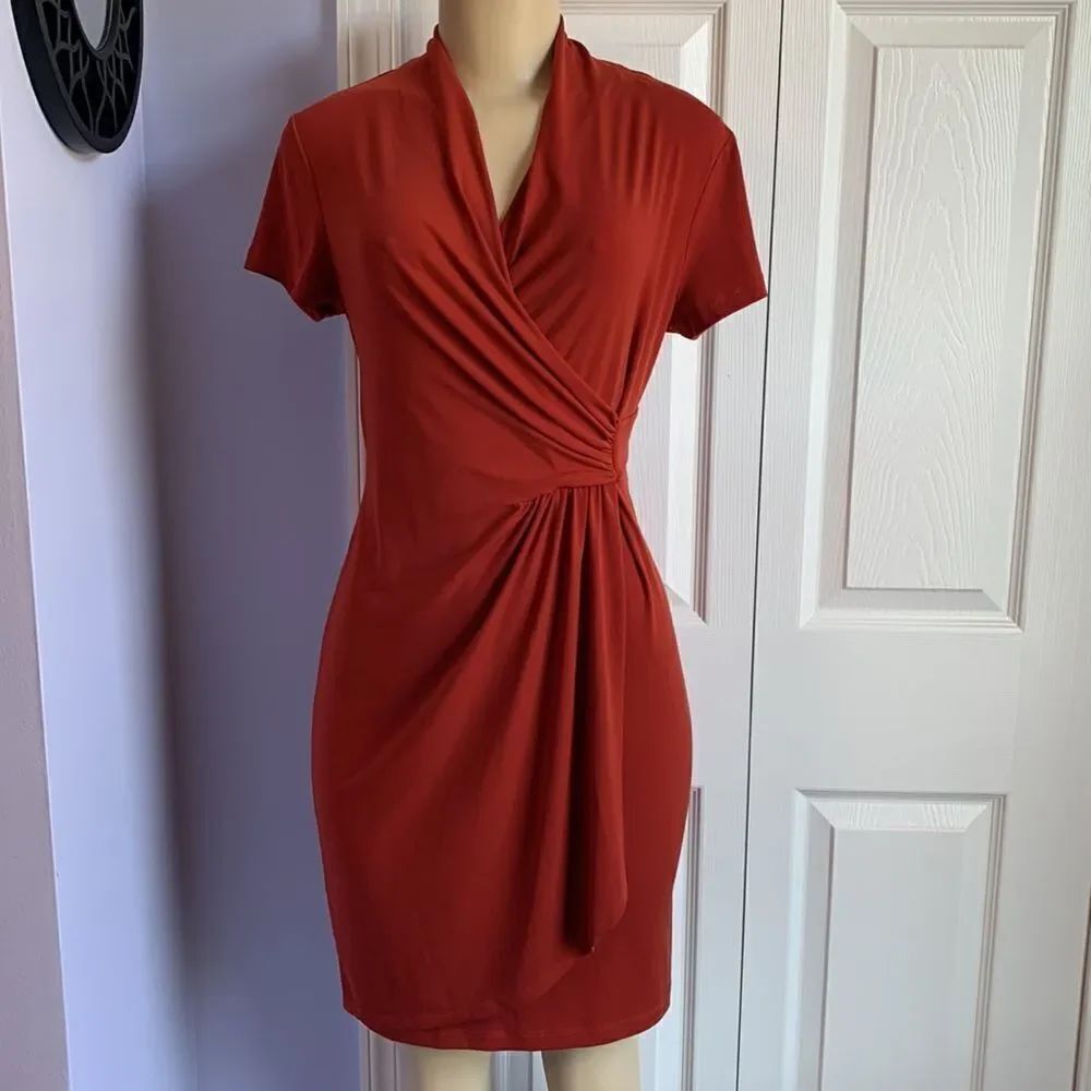 Designer Wrap Ruched Ruched Dress Copper Small Orange - Picture 2 of 9